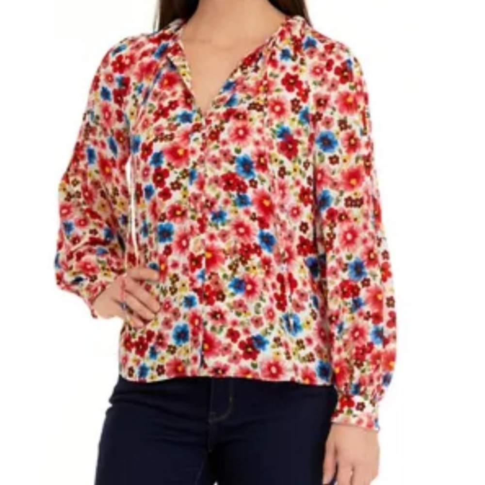 T Tahari Floral Tie Front Blouse size M
